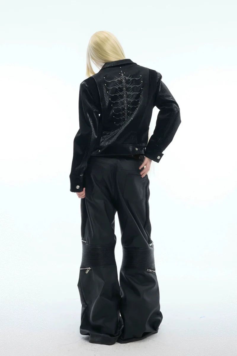 Studded Spine Embroidered PU Leather Jacket