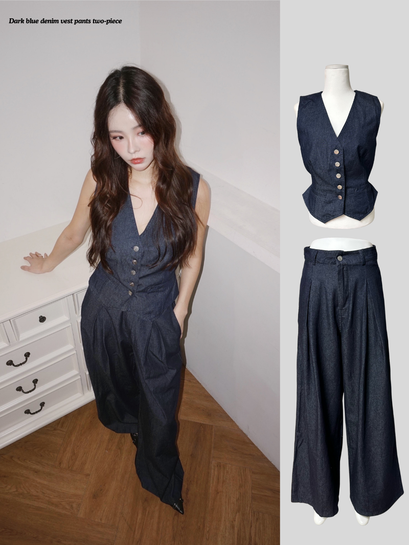 Dark blue denim vest pants two-piece