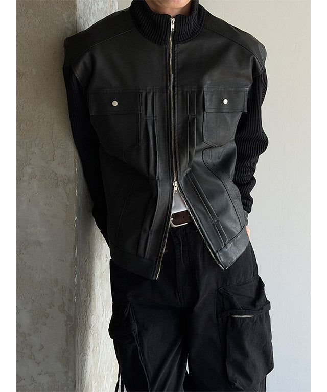 [F/W] Rough knit leather jacket