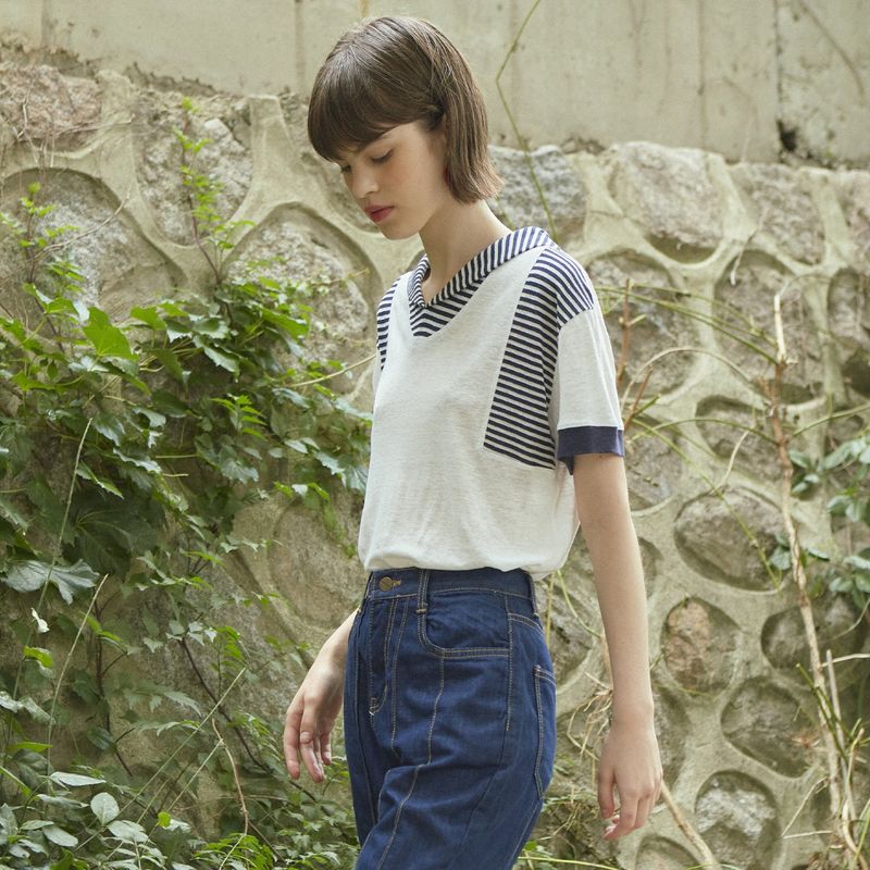 [LINE] Stripe Sailor Collar T-shirt