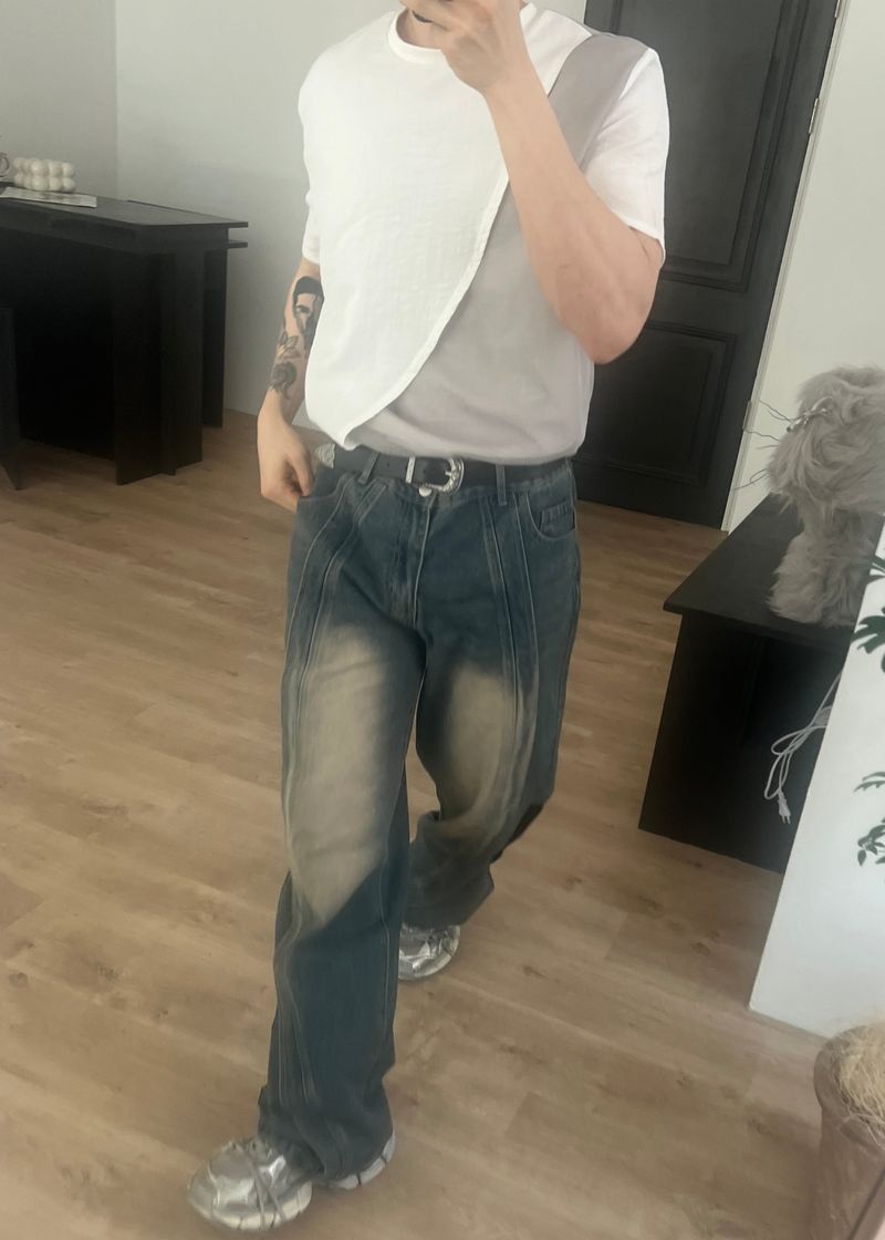 Wave-washed incision wide denim(2colors)