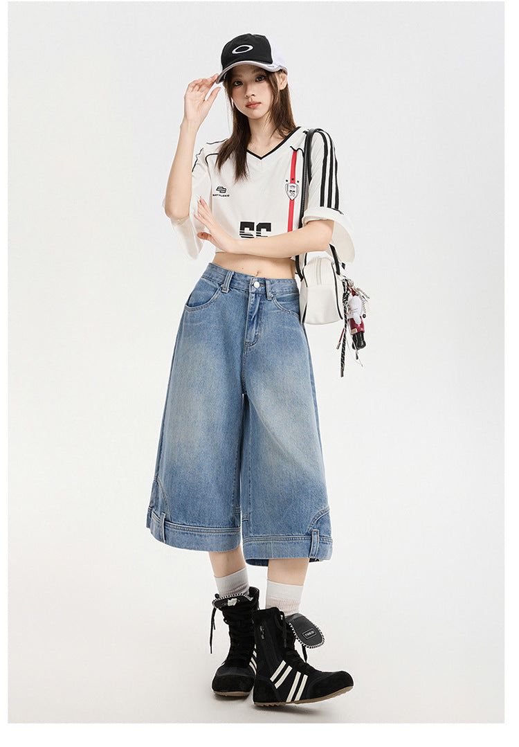 Reversed Detail Wide Denim Bermuda Pants