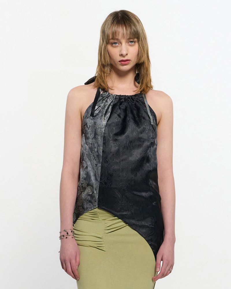KIMZISU(キムジス)の「Two Tone Ribbon Paisely Halter-neck Top _ BLACK(Tops)」