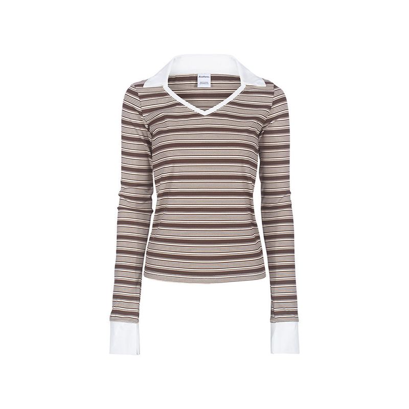 ANOTHERA（アナザーエー）の「SHIRT LAYERED STRIPE TOP_Brown（Tops）」