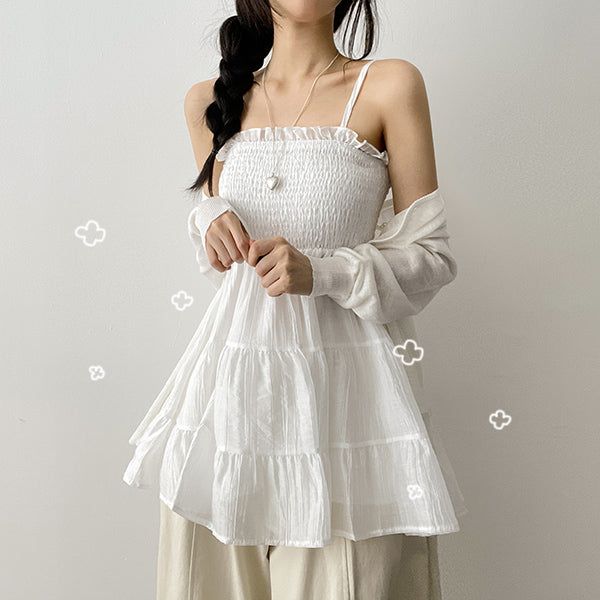 hijjoo（ハイチュー）の「Resort look⛅️Smoke Frill Kang Can Sleeveless Blouse Mini Dress（Dresses）」