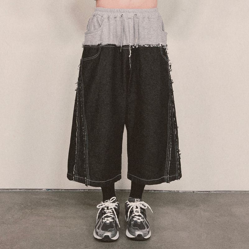 layered deconstructed denim capri shorts_black