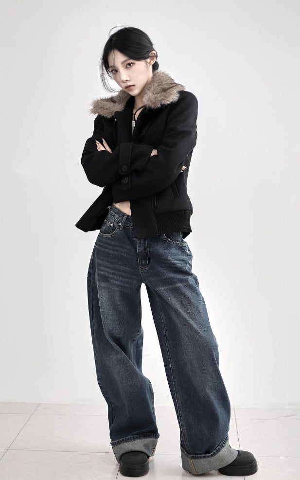 Cuffed cat washing denim pants