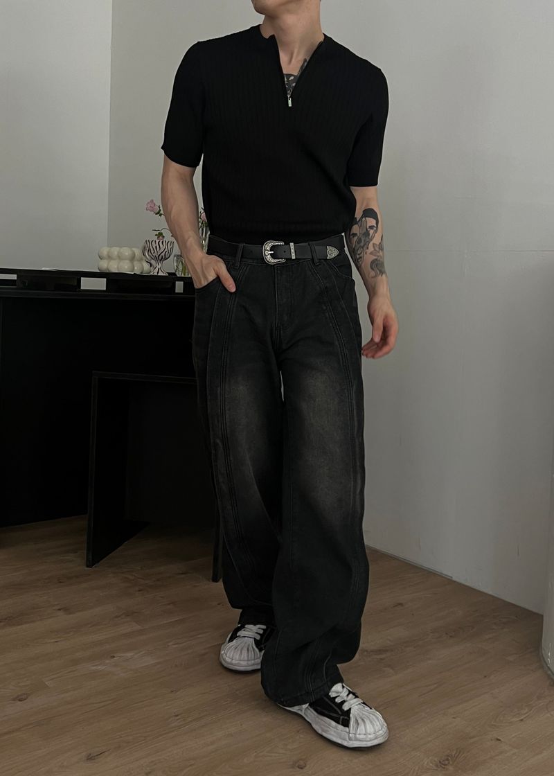 Wave-washed incision wide denim(2colors)