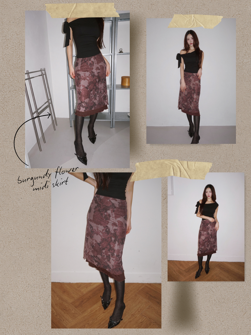 burgundy flower midi skirt
