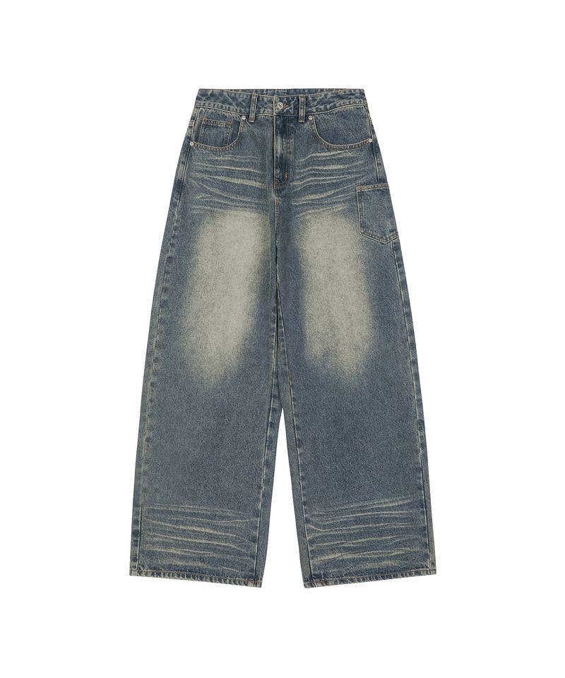 Vintage Washed Side Pocket Denim Pants - BLUE