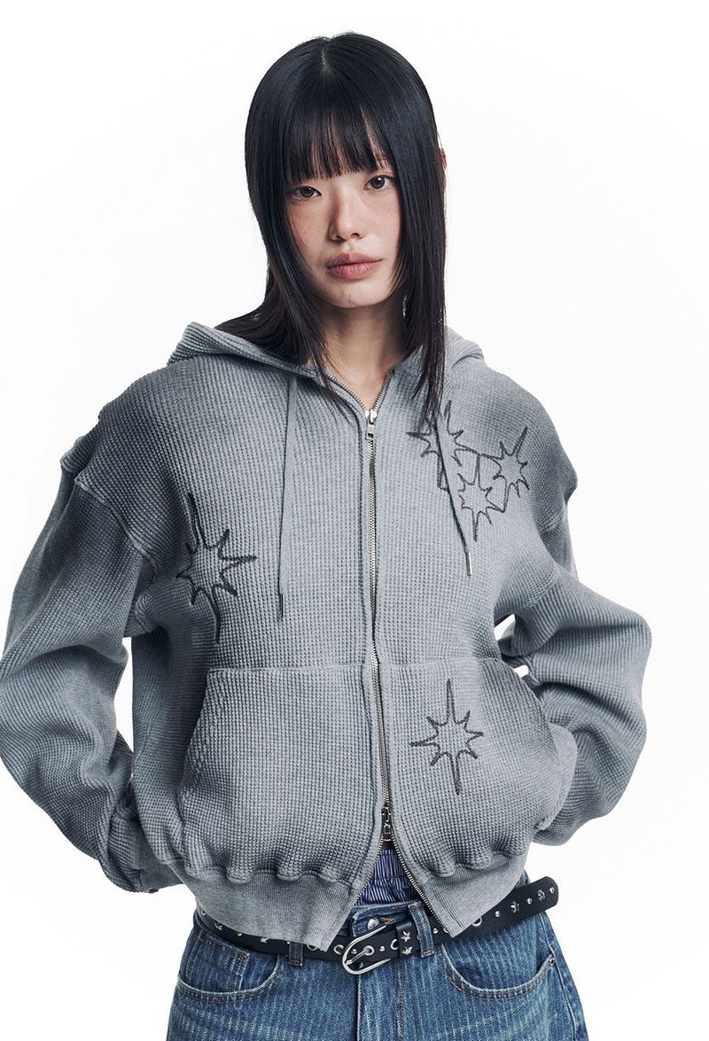 Washed Star Waffle Hooded Zip-Up - Grey