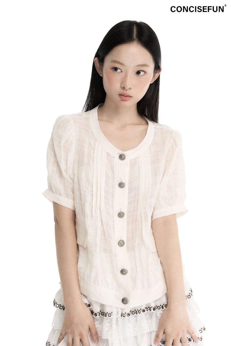 CONFUN（コンファン）の「CONFUN linen check texture fabric spiral metal fastening round-neck short-sleeve shirt（Tops）」