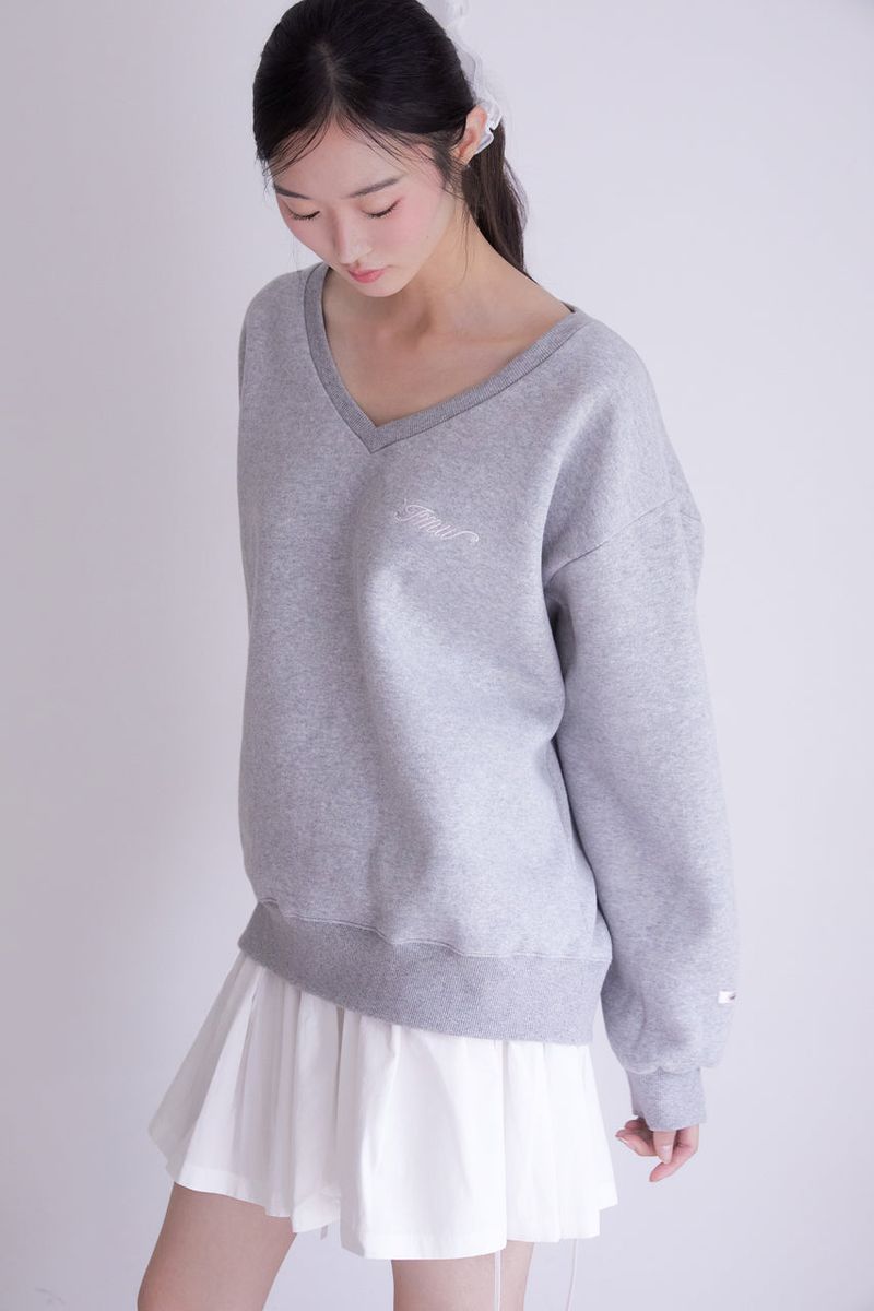 Lettering Deep V-Neck Sweatshirt (MELANGE GREY)