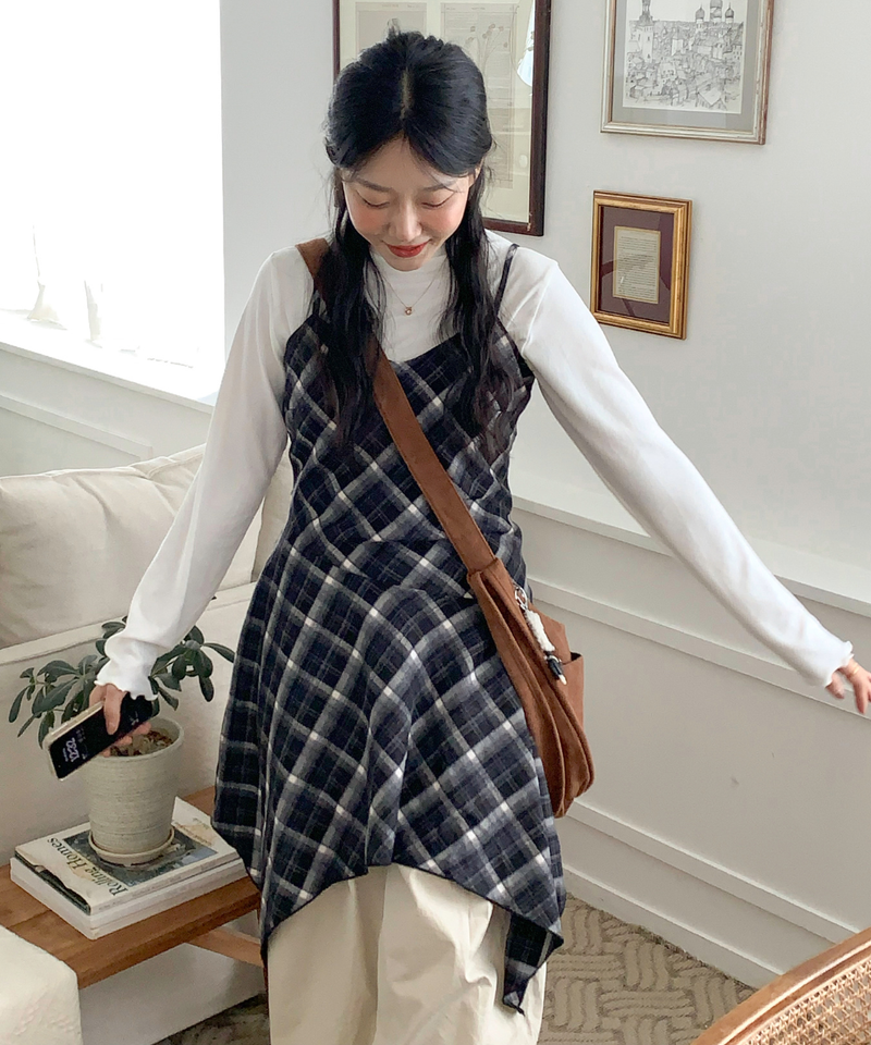 Mute Unbalanced Bustier Checkered Dress