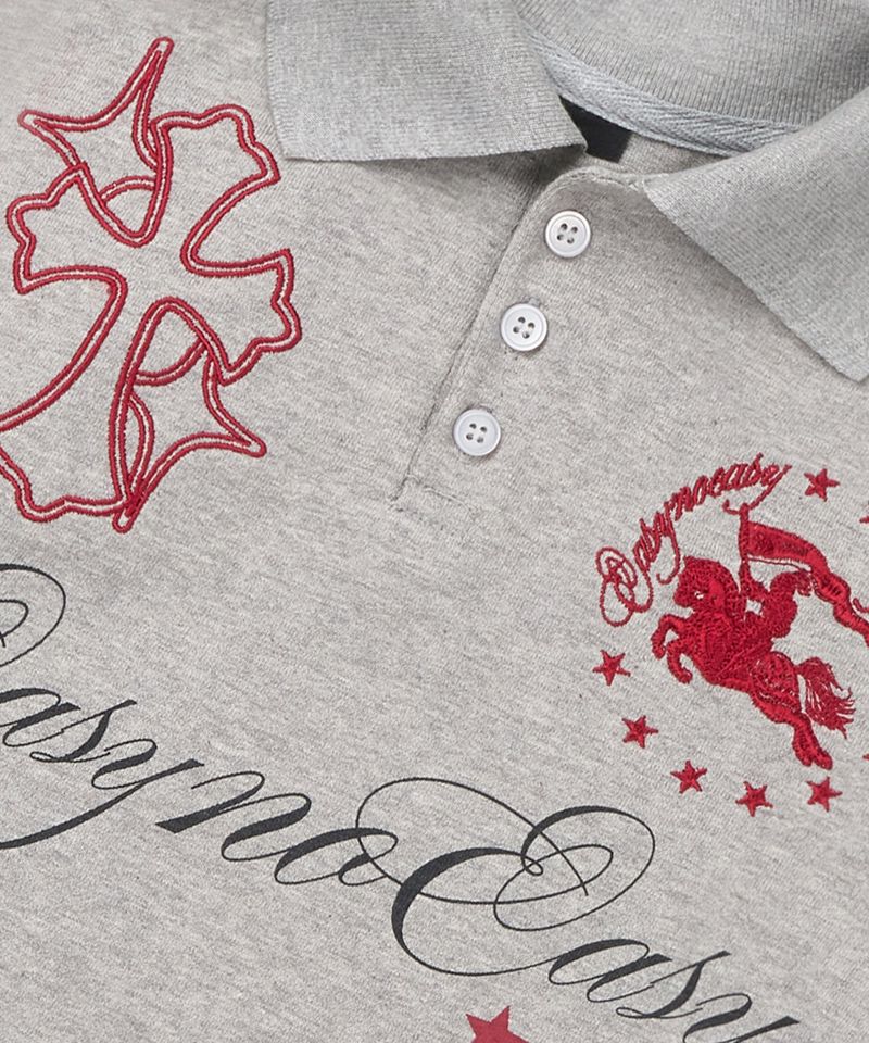 Horse emblem embroidered collar T-shirt - Gray