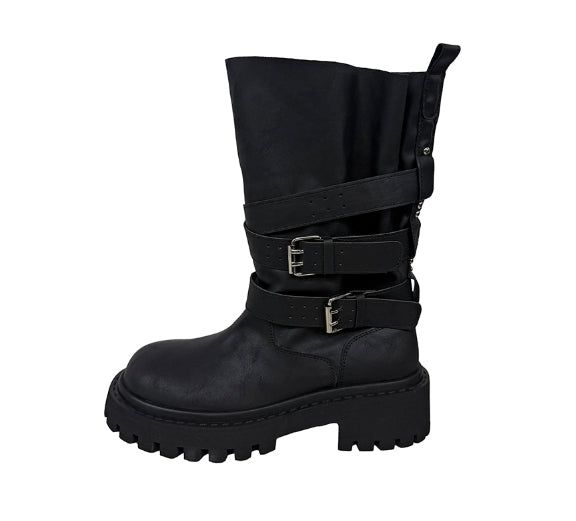  +6cm Vintage Crack Buckle Studded Mid Boots