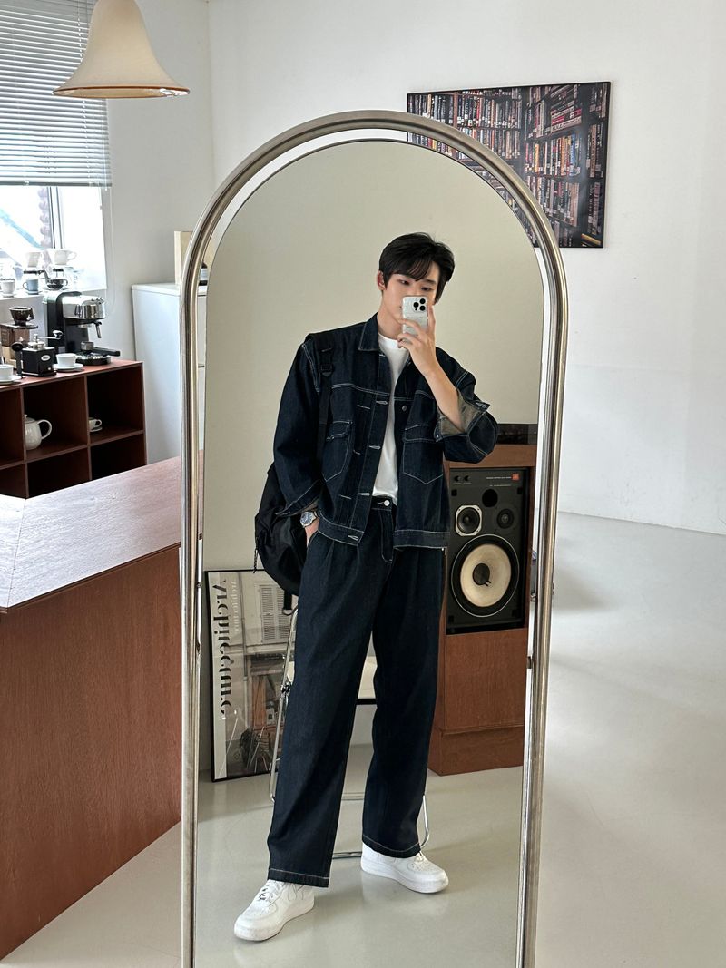LMN log Oversized fit stitch denim setup jacket (2 colors)