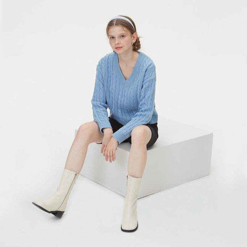 V NECK CABLE CROP KNIT_SKY BLUE