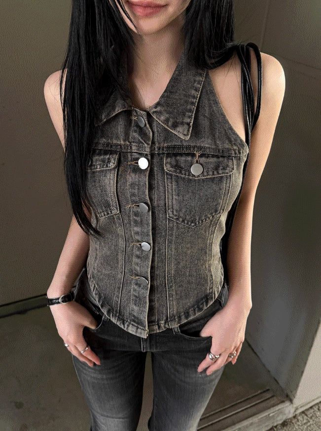 26SS★ [MADE] Corset Denim Halter Top