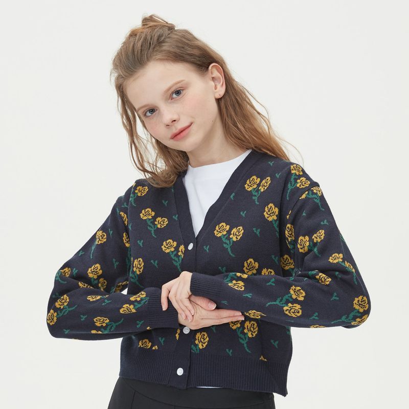 FLOWER JAQUARD KNIT CARDIGAN_NAVY