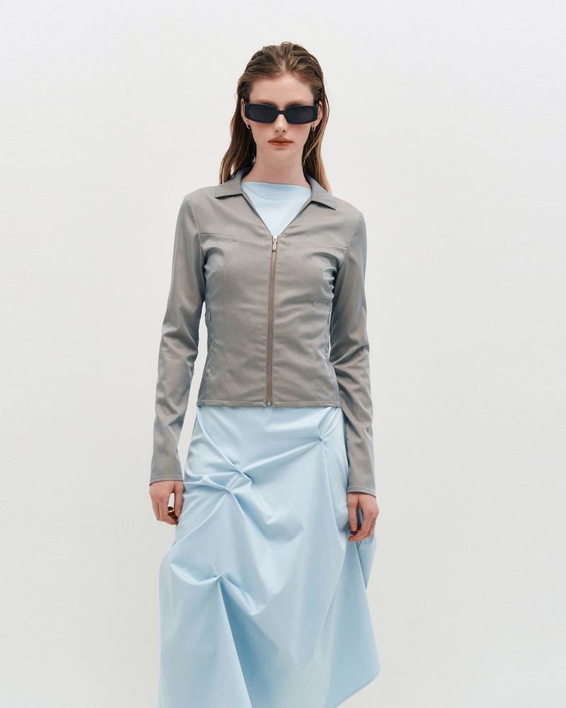 V-Neck Sleek Zip-Up _ GREY