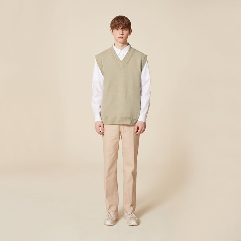 V NECK KNIT VEST_LIGHT KHAKI