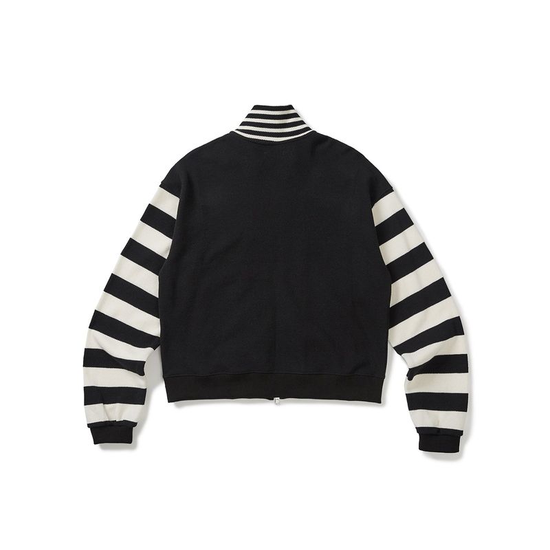 Waffle stripe knit zip-up jacket / Black ivory