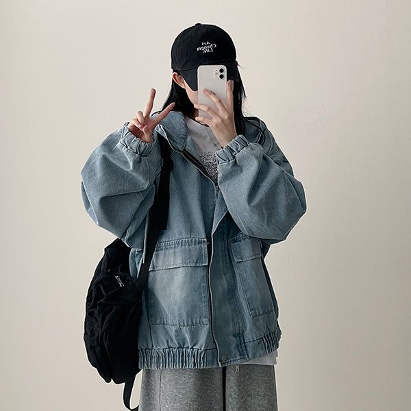Delt Boxy Fit Two-Way Denim Hooded Jumper