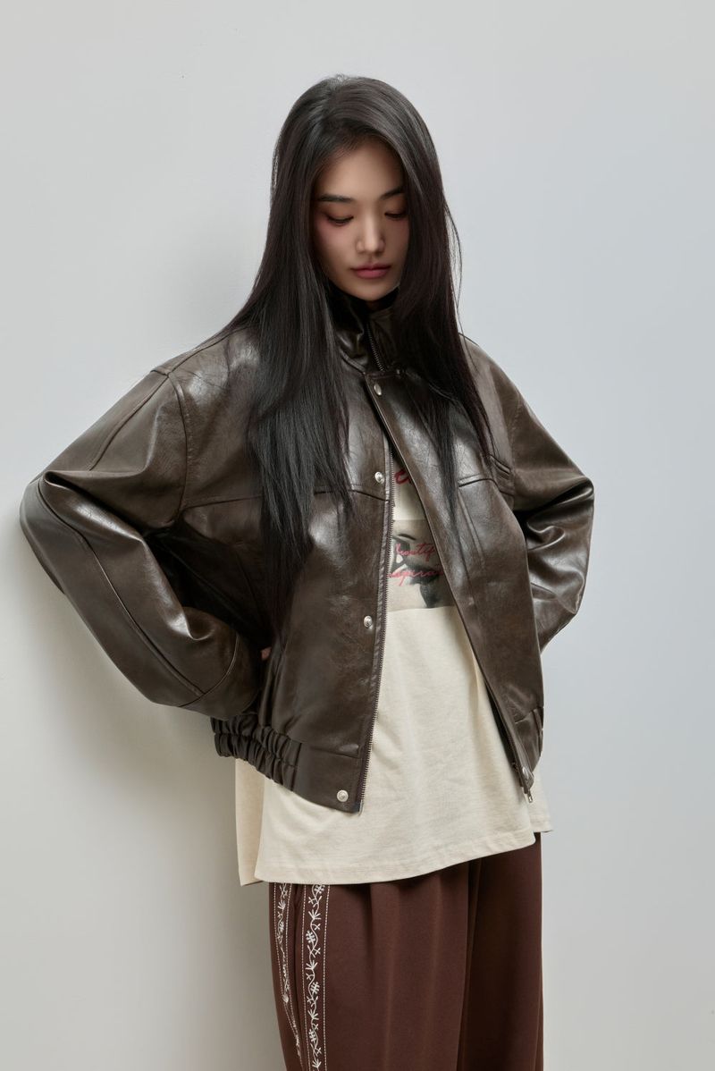 High-neck Leather Jacket_Brown
