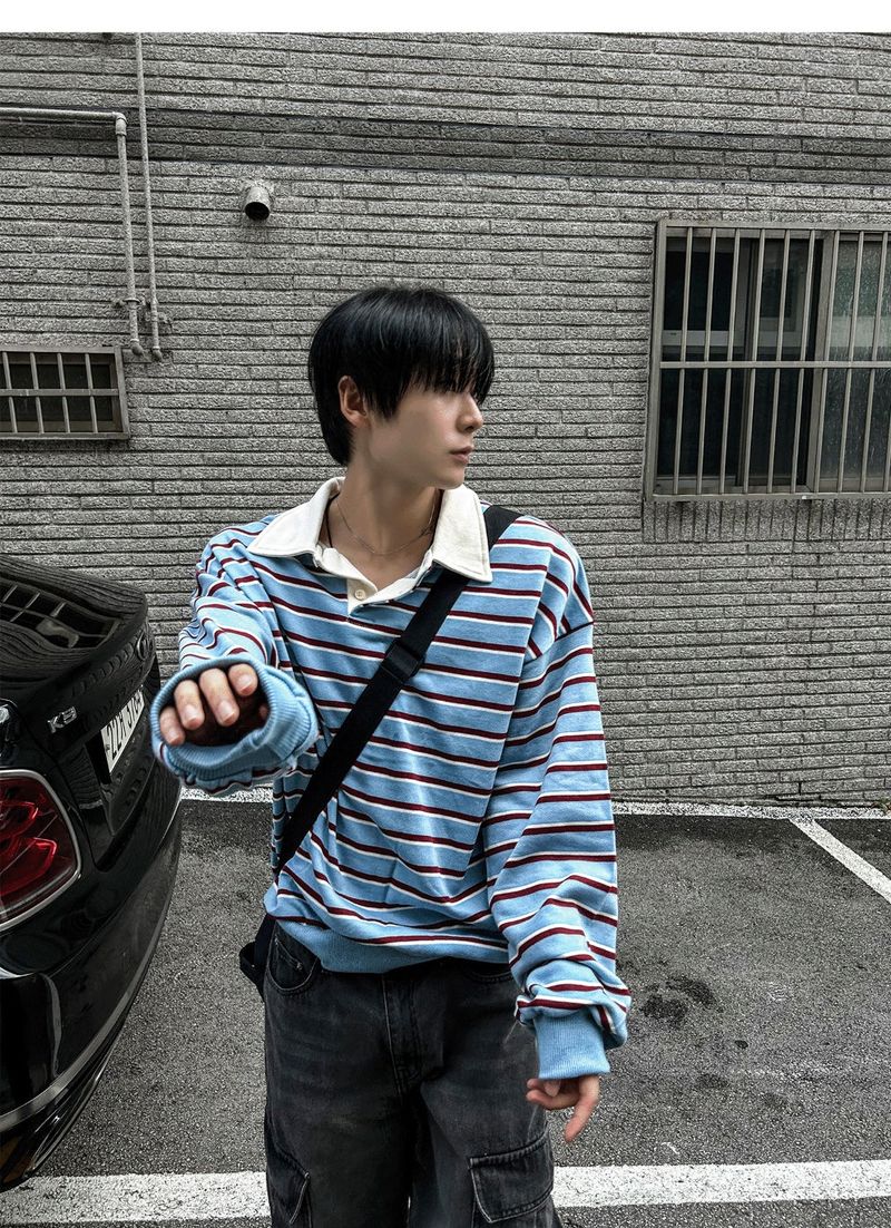 Sweat collar striped sweatshirt