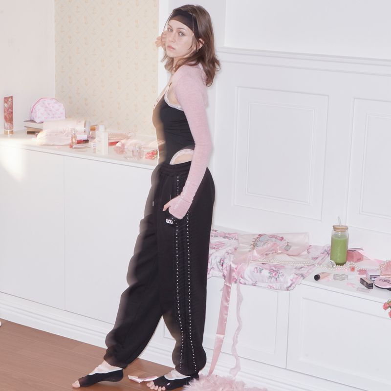 LACE STUD JOGGER PANTS - BLACK