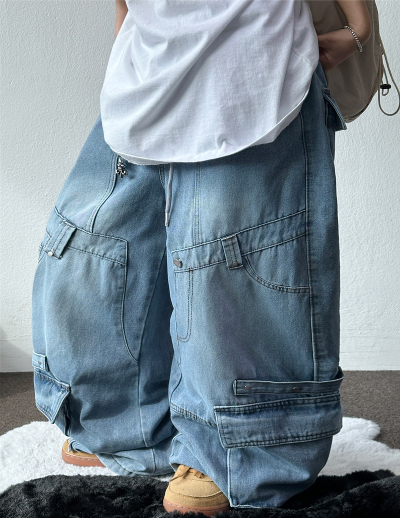HIP RIVET KEYRING DOWN CARGO DENIM LONG PANTS🩵🩶 - 2 COLORS