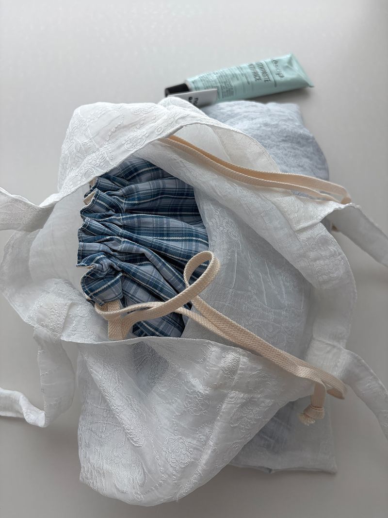 Pattern string pouch - blue check , S size