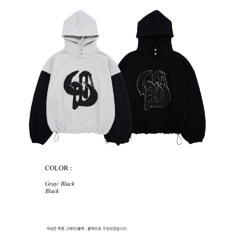 WASHED DENIM APPLIQUE SHORT HOODIE_BLACK