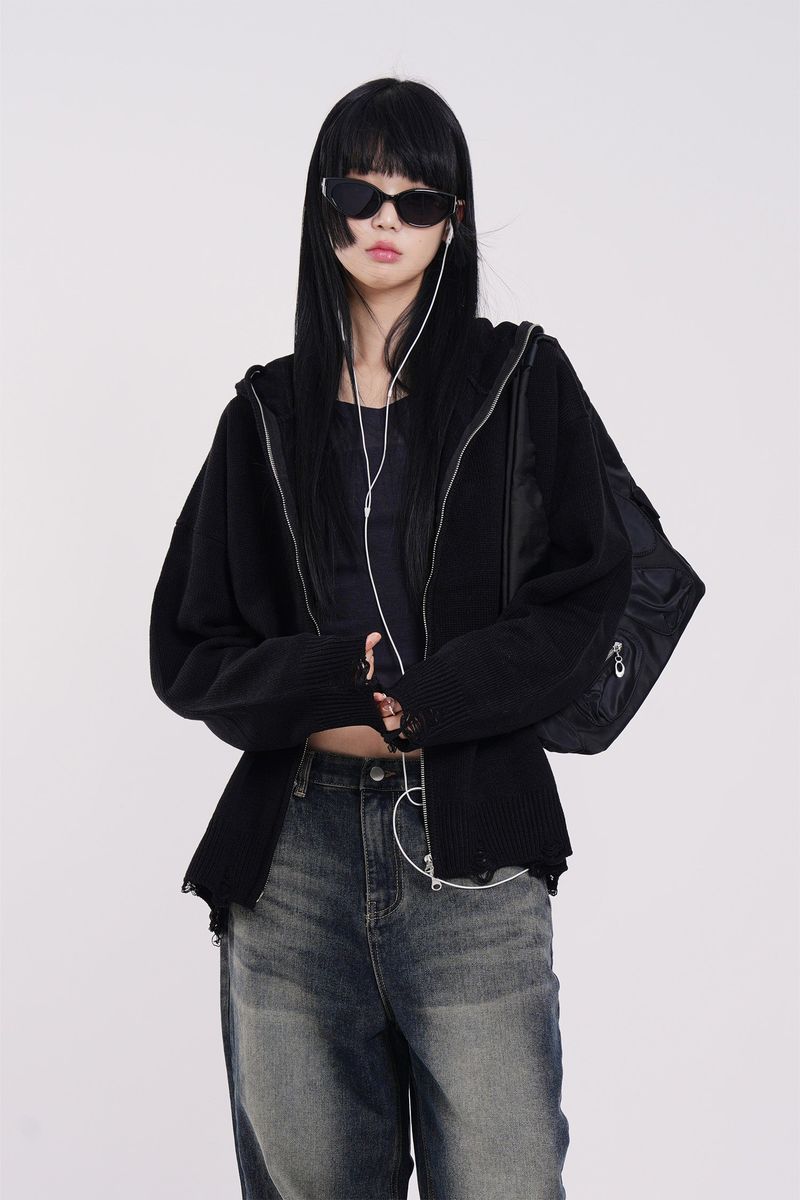Raucohouse(ラウコハウス)の「Worcester damage full zip-up knit hood zip-up(Tops)」