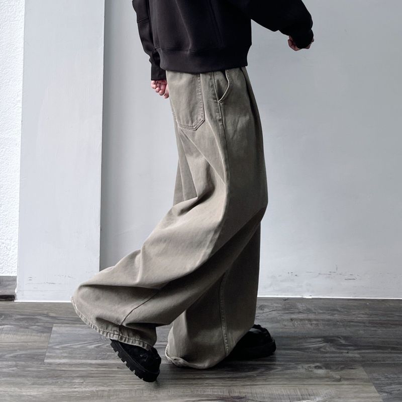 Vintage Washed Button-Fly  Wide Trousers