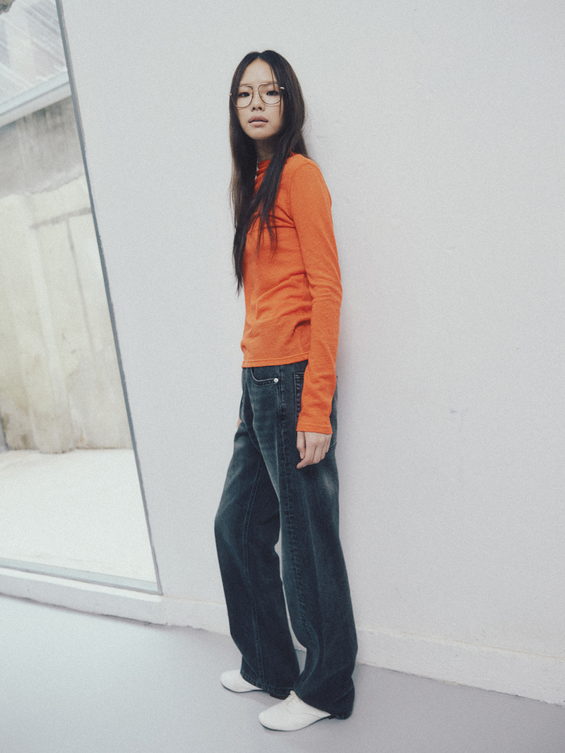 Unbalanced Stitch Turtleneck Tee Orange