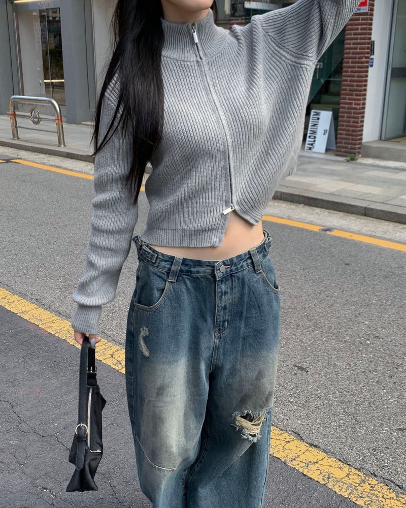 (Unisex) ボタンダメージデニムパンツ