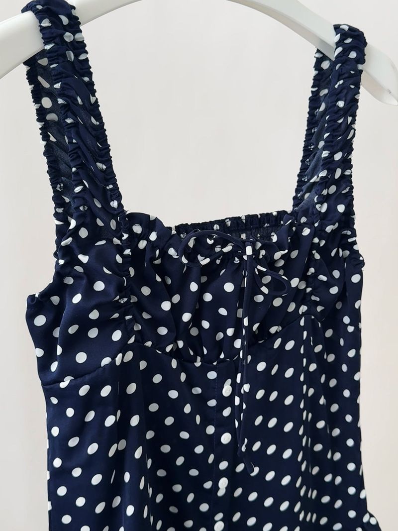 Navy Dotted Square Neck Flared Dress