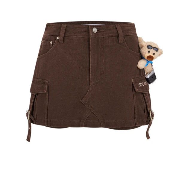 13DE MARZO Camera Bear Cargo Skirt Brown