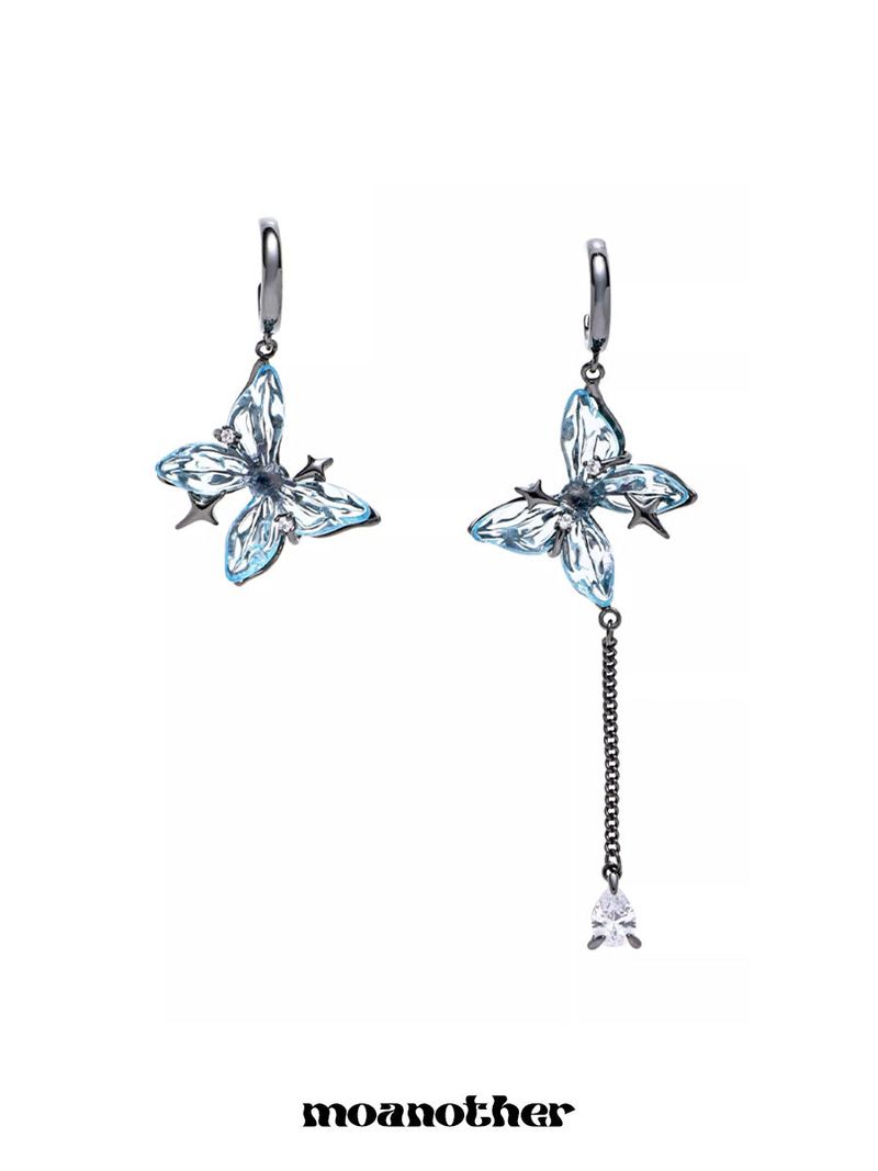 [925 Silver Post] Blue Butterfly Drop Earring