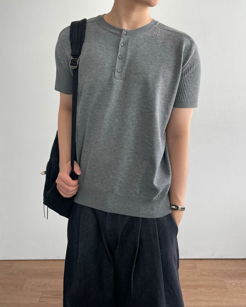 Needle Henley Neck Short Sleeve Knit