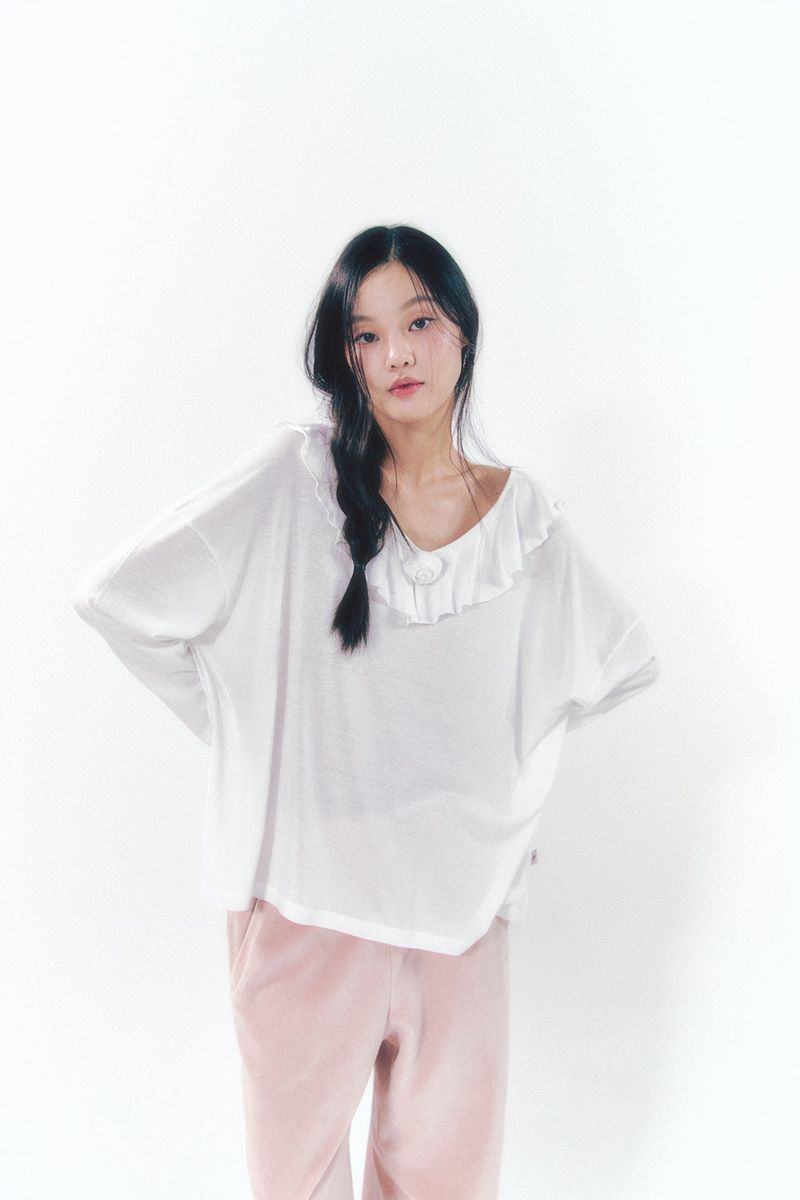 Rose Brooch Frill Long Sleeve White