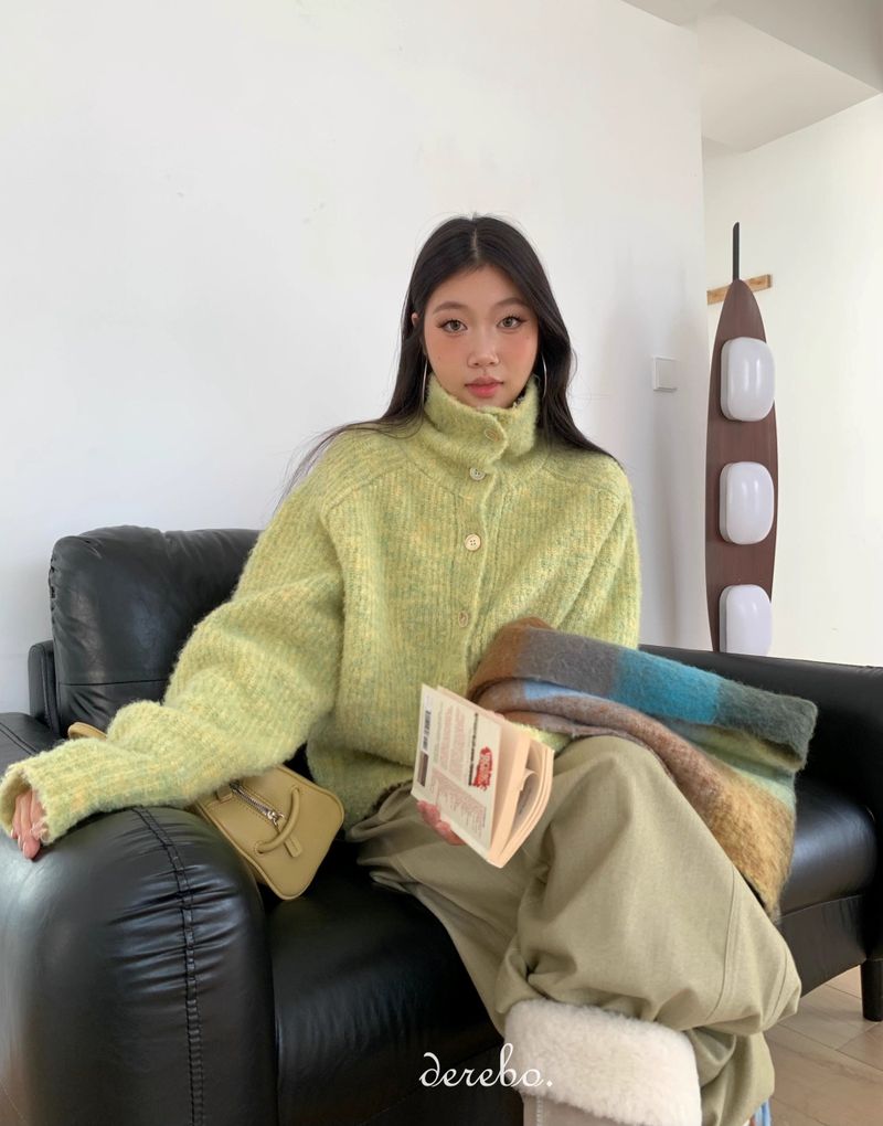 Tender Green Turtleneck Knit Cardigan