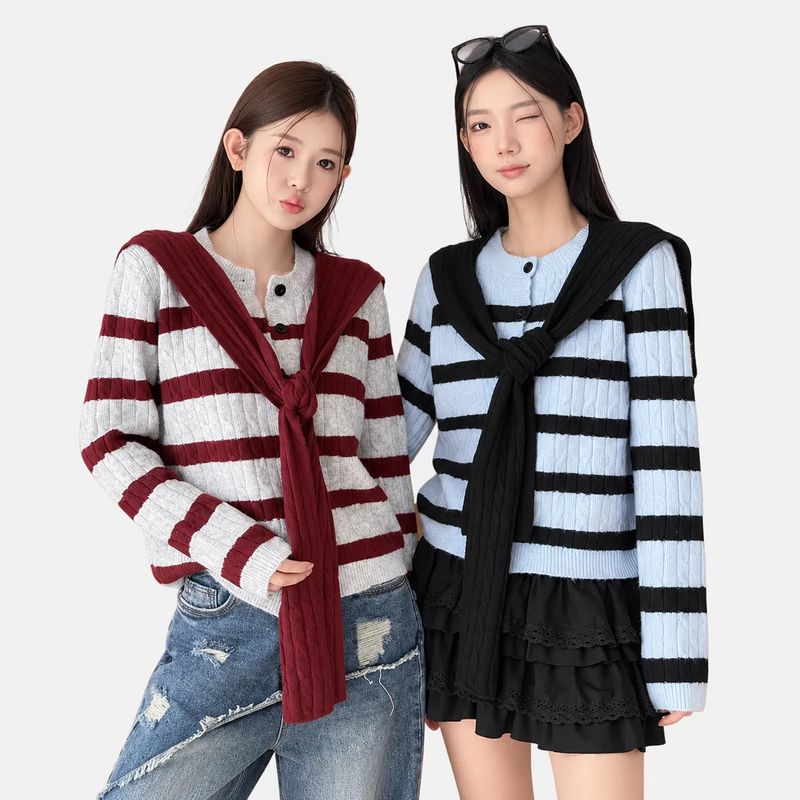 La mode MAQI（ラ モード マキ）の「ストライプ ニット カーディガン ウィズ マッチング ショール（トップス）」