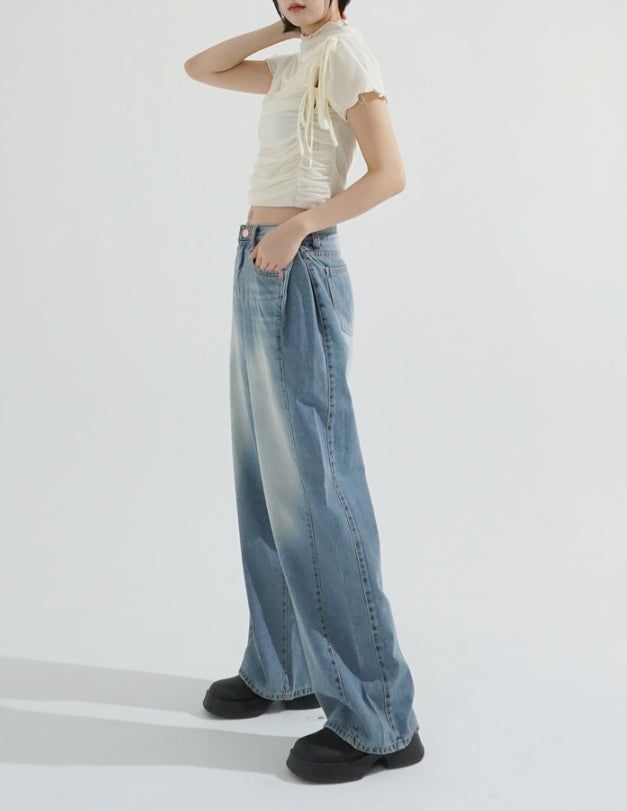 Side folding wide fit denim pants