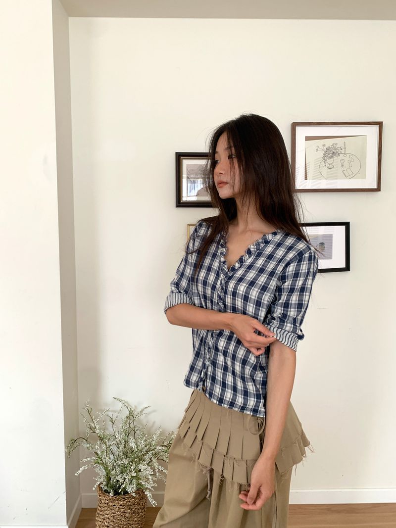 WASHED CHECK FRILL SHIRT (2C)