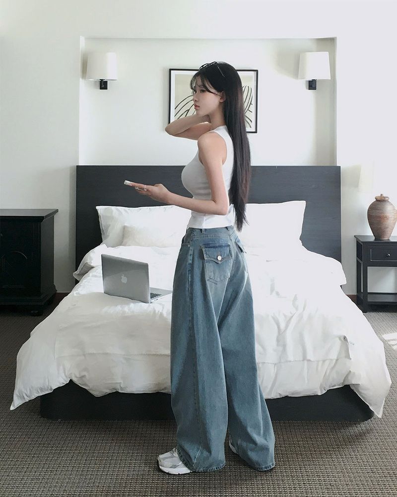 [BELLIDE MADE] Shearing, back pocket denim wide pants