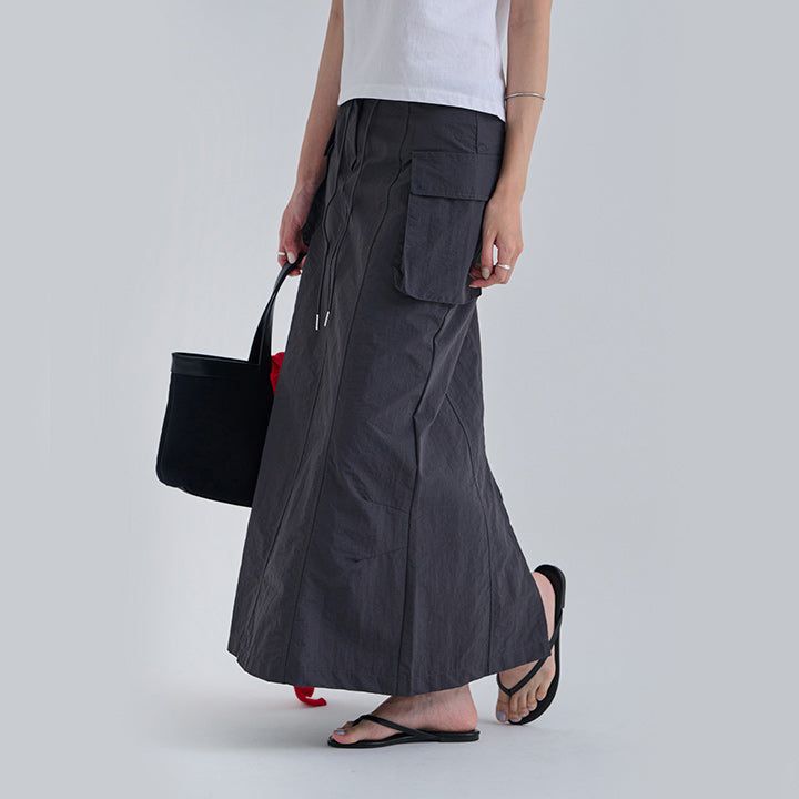  [made/free.xl] [Cheney] String A-Line Cargo Nylon Slit Long Skirt -5color