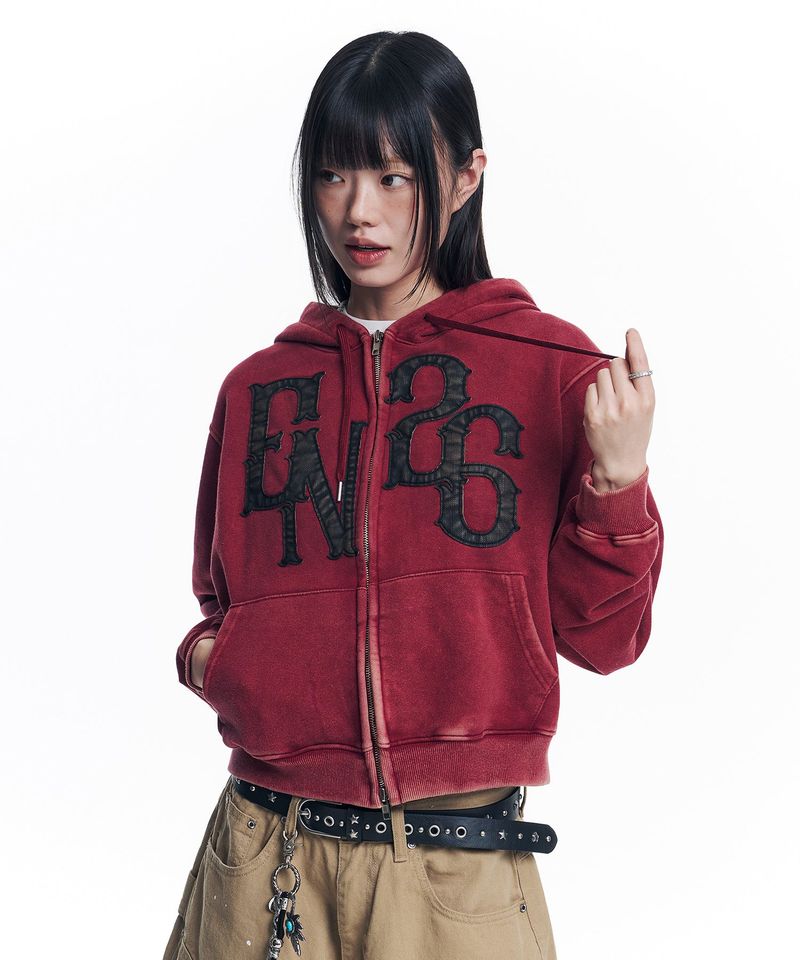 Washed Leather Patch Hooded Zip-Up - Wine
